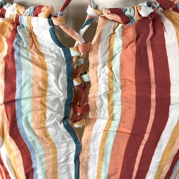 Pink Republic Juniors'  Ruched Neck Rust Ivory Blue Multi Color Strips Top Large - Picture 11 of 14